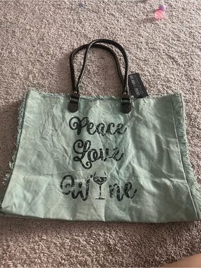 Green Canvas Wine Tote Bag Peace Love Wine Text with Handles